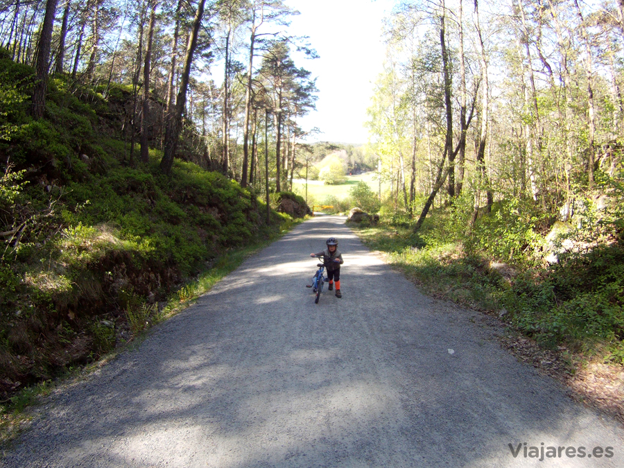 Pequeño ciclista por los caminos de Noruega